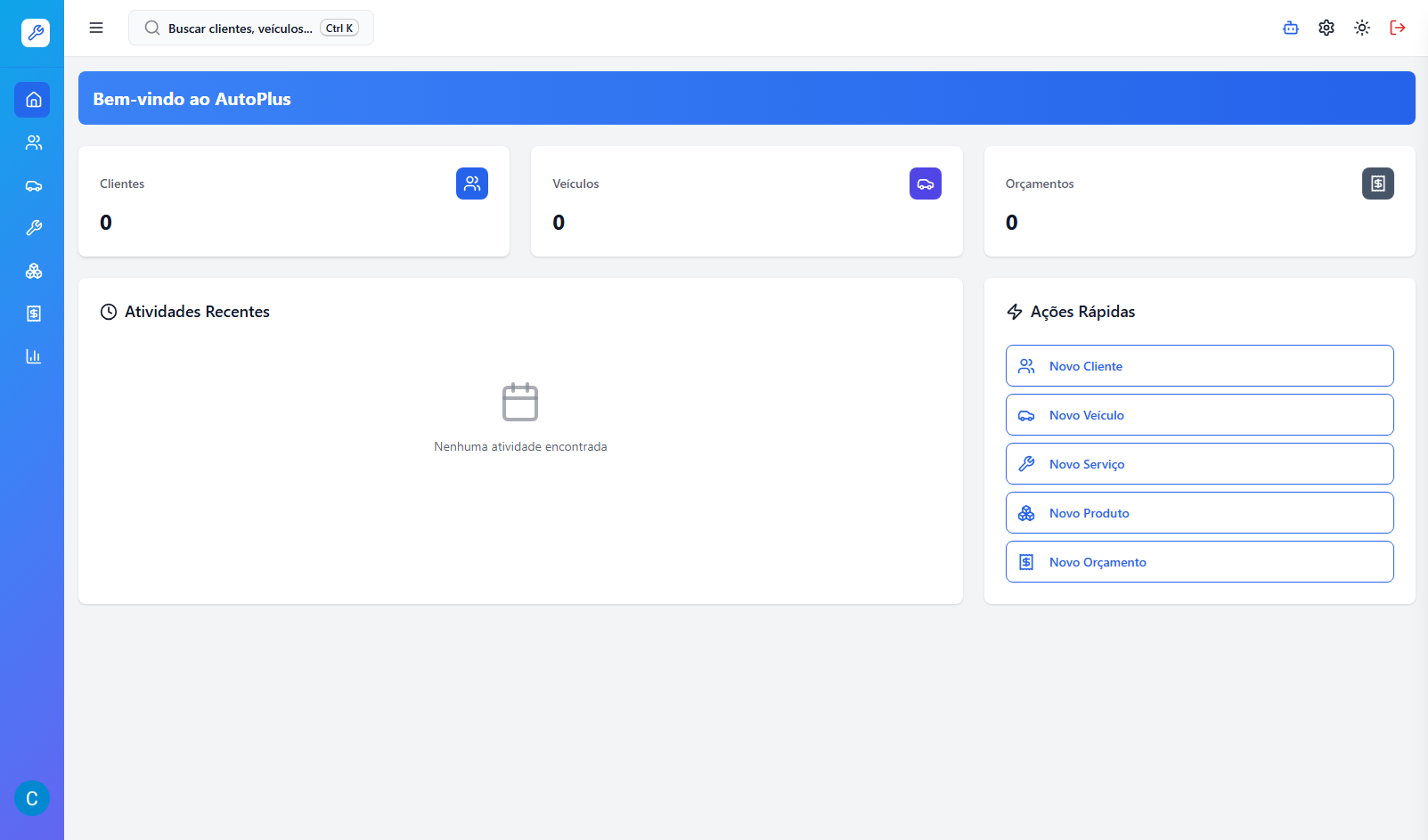 Painel do sistema AutoPlus com gráficos e indicadores